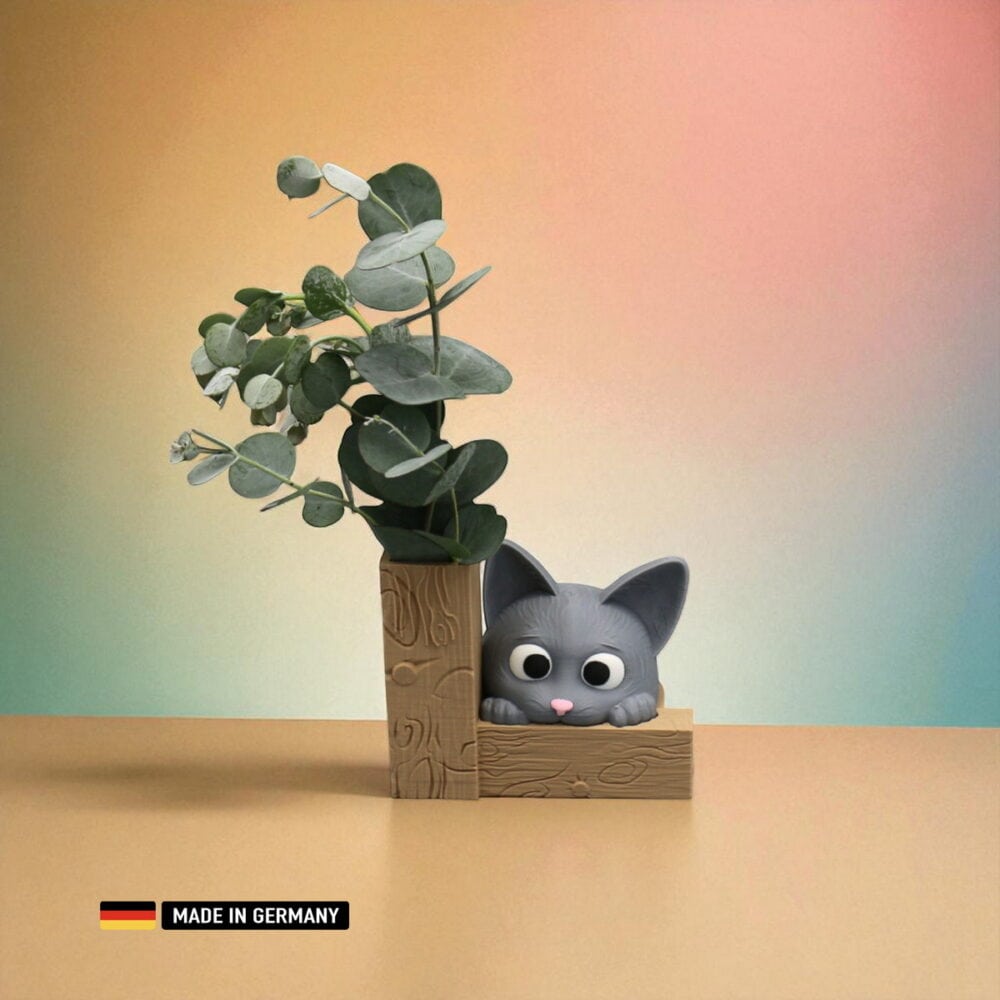 katzen vase oder stiftehalter – graue katze mit holzrahmen / katzen dekoration