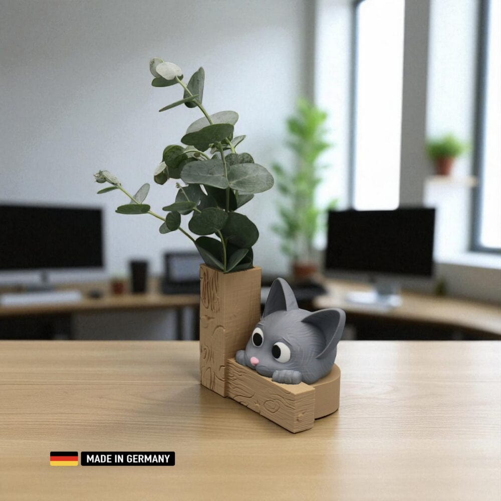 katzen vase oder stiftehalter – graue katze mit holzrahmen / katzen dekoration