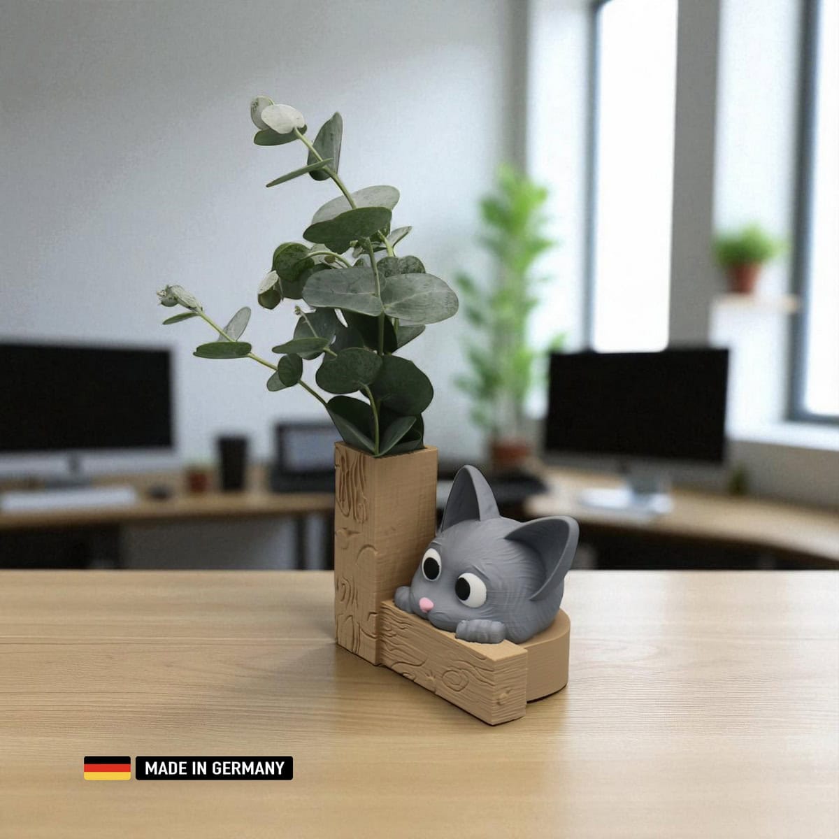 katzen vase oder stiftehalter – graue katze mit holzrahmen / katzen dekoration