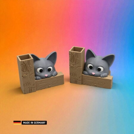 katzen vase oder stiftehalter – graue katze mit holzrahmen / katzen dekoration