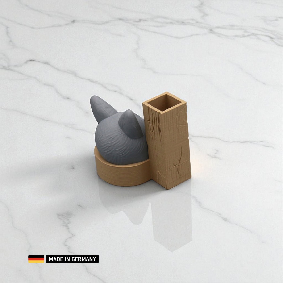 katzen vase oder stiftehalter – graue katze mit holzrahmen / katzen dekoration
