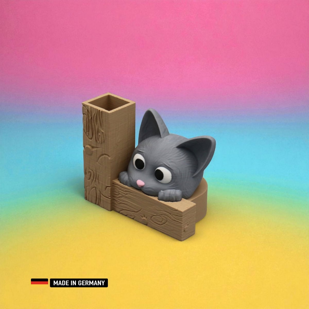 katzen vase oder stiftehalter – graue katze mit holzrahmen / katzen dekoration