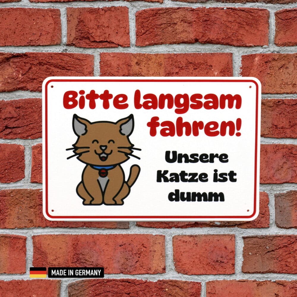 schild: bitte langsam fahren unsere katze ist dumm