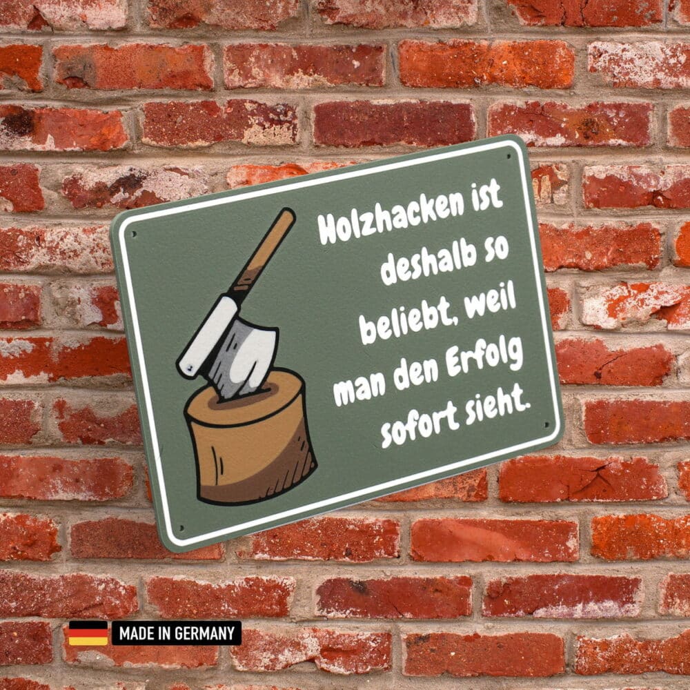 schild: holzhacken ist deshalb so beliebt, weil man den erfolg sofort sieht
