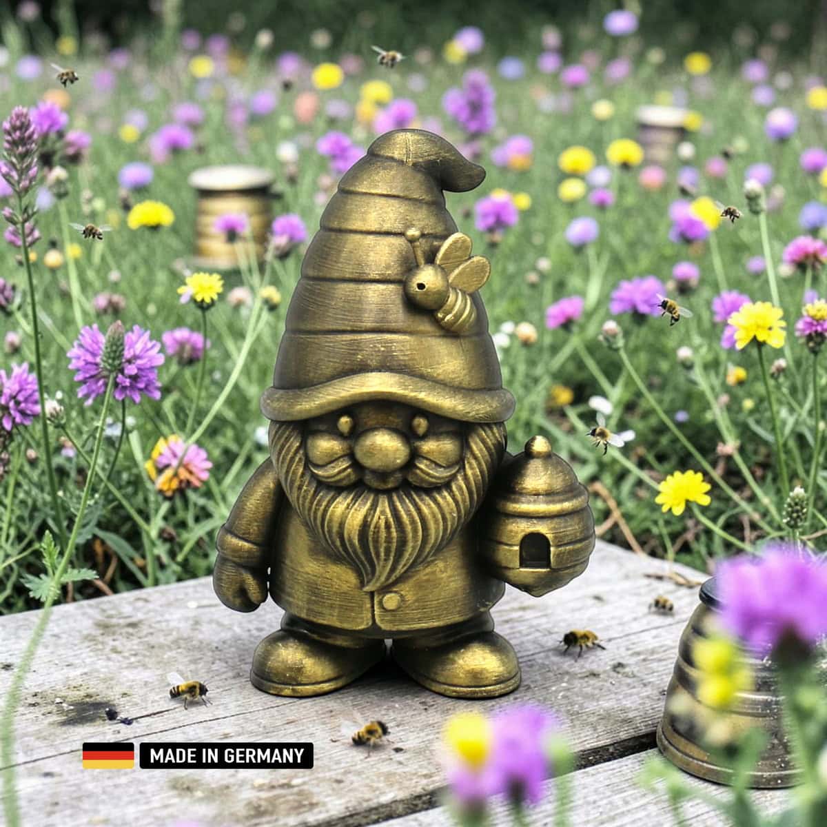imker gnom bienenfreund mit bienenkorb – dekofigur für garten, beet und fensterbank
