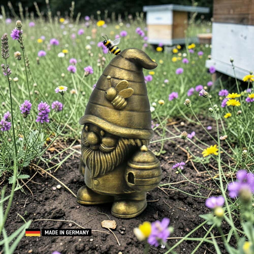 imker gnom bienenfreund mit bienenkorb – dekofigur für garten, beet und fensterbank