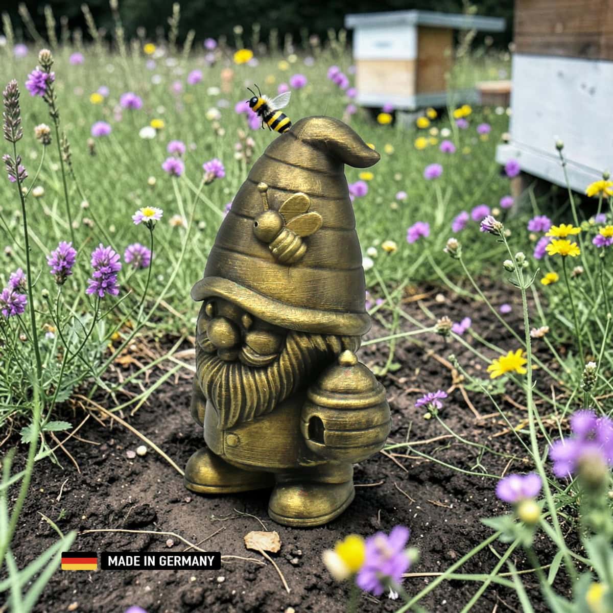 imker gnom bienenfreund mit bienenkorb – dekofigur für garten, beet und fensterbank