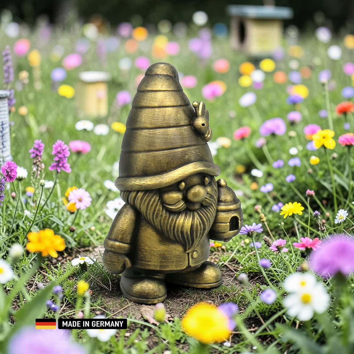 imker gnom bienenfreund mit bienenkorb – dekofigur für garten, beet und fensterbank