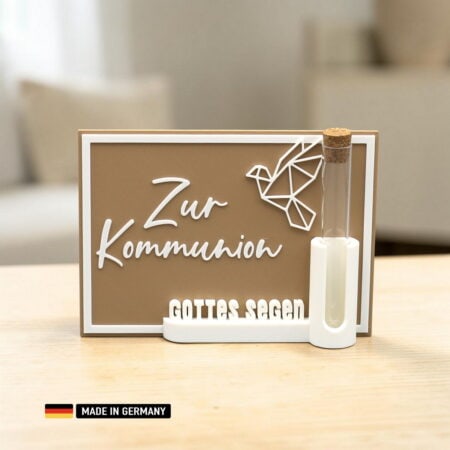 stehkarte: zur kommunion gottes segen mit reagenzglas als geschenkbox