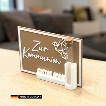 stehkarte: zur kommunion gottes segen mit reagenzglas als geschenkbox