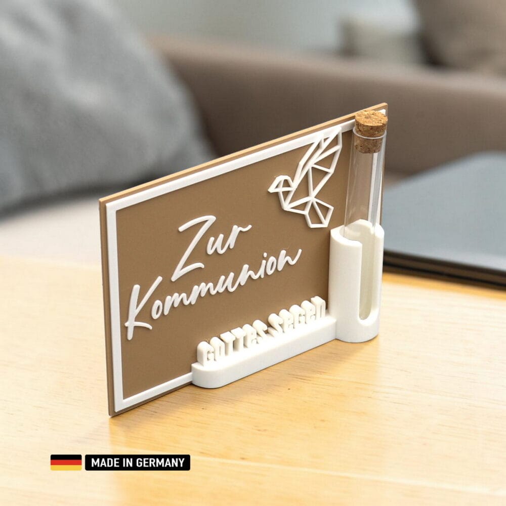 stehkarte: zur kommunion gottes segen mit reagenzglas als geschenkbox
