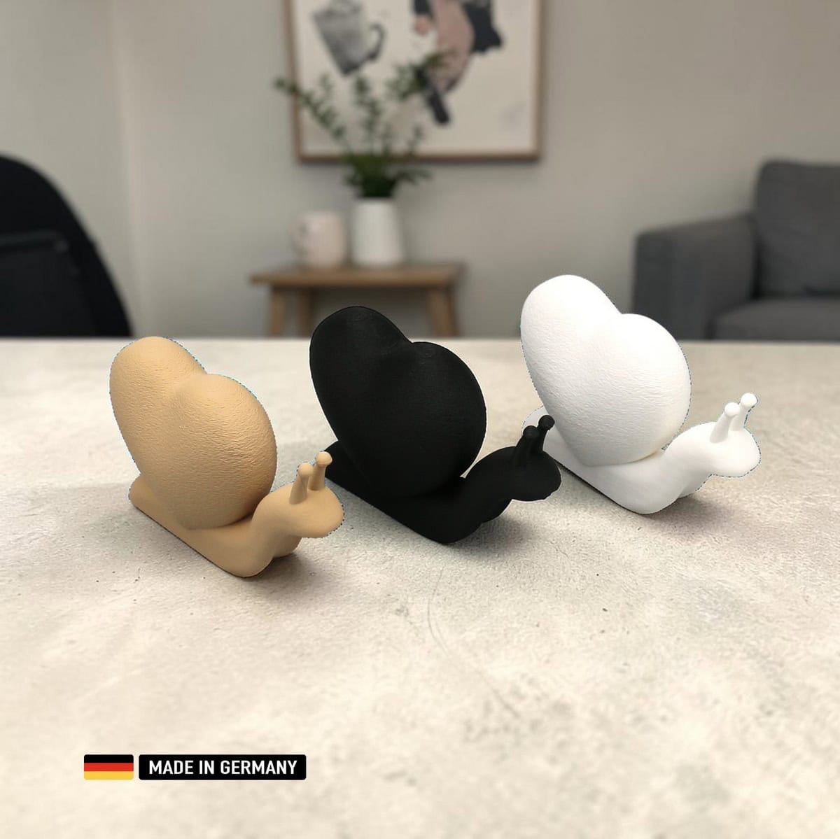 schnecken mit herz dekoration 3er set – moderne tischdekoration in weiß, schwarz & beige