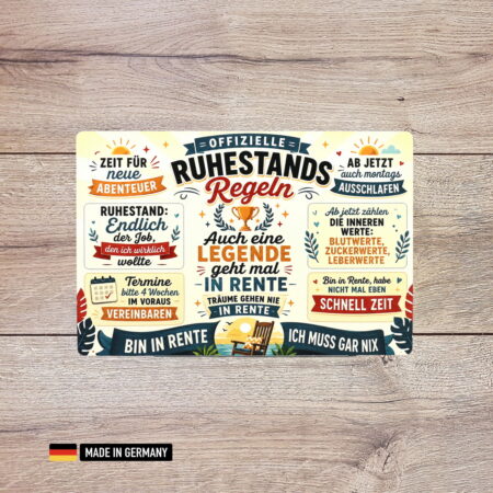 lustiges rentnerschild – ruhestandsregeln geschenk zur rente dekoschild funschild