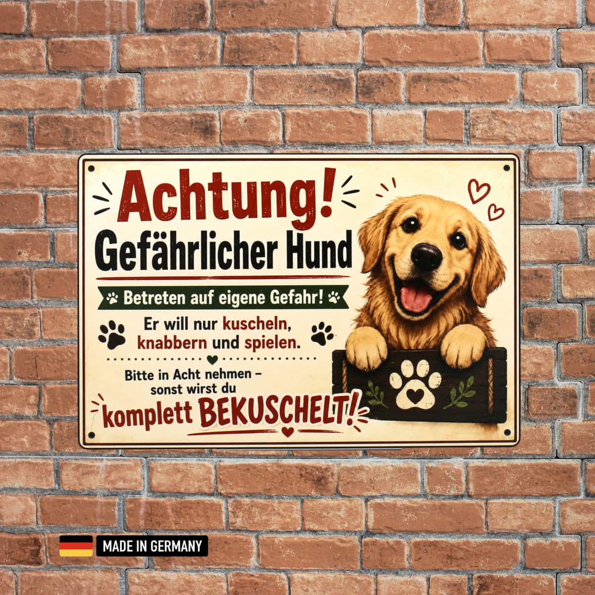 lustiges hundeschild – achtung gefährlicher hund zum kuscheln / labrador
