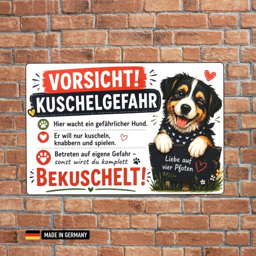 lustiges hundeschild – vorsicht kuschelgefahr bei diesem hund / michling