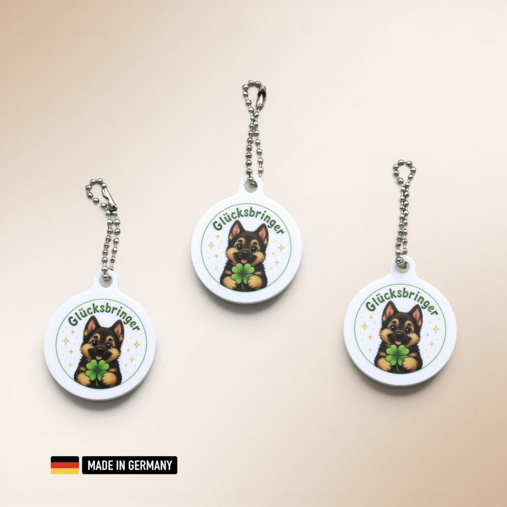 schäferhund welpe glücksbringer schlüsselanhänger mit glücks kleeblatt