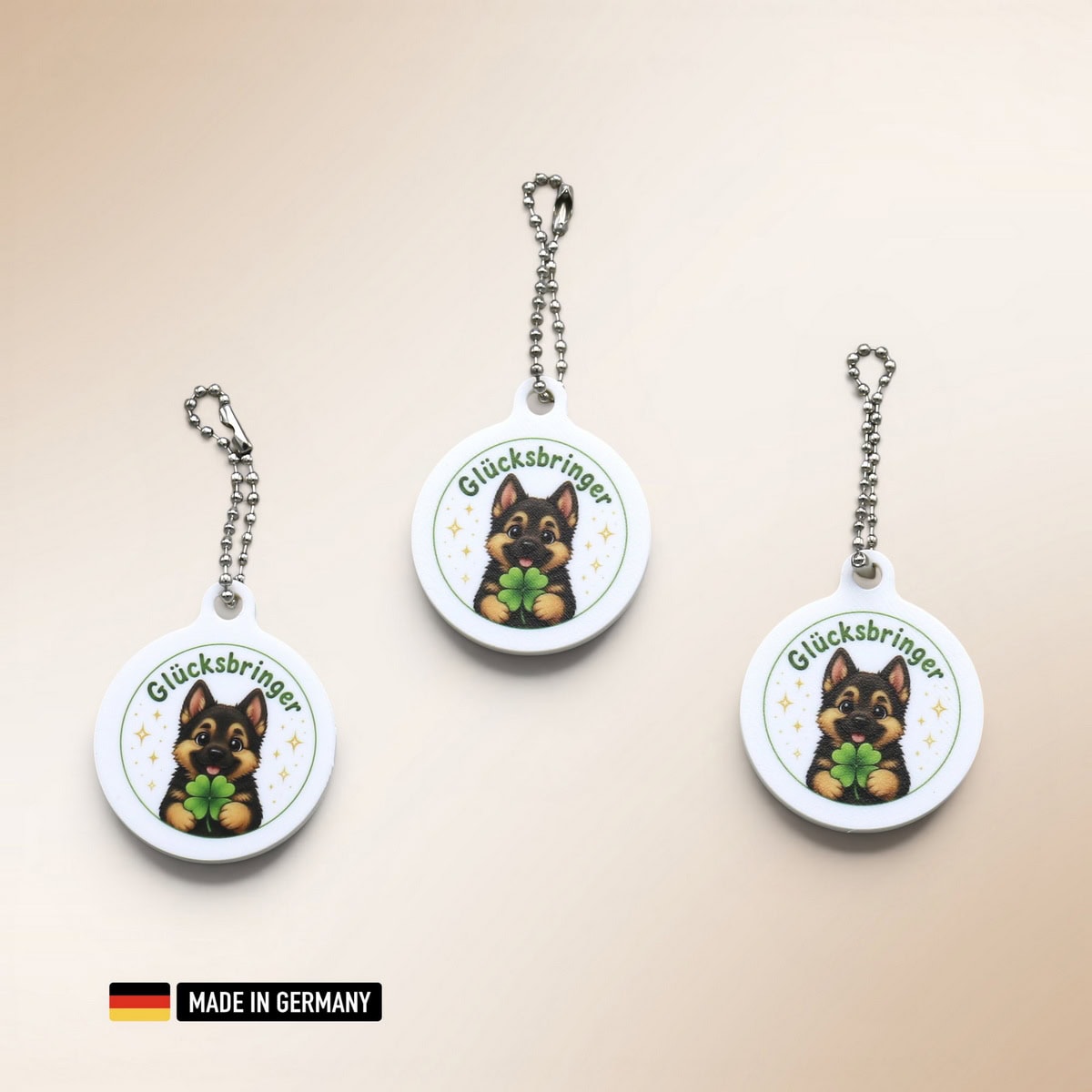 schäferhund welpe glücksbringer schlüsselanhänger mit glücks kleeblatt