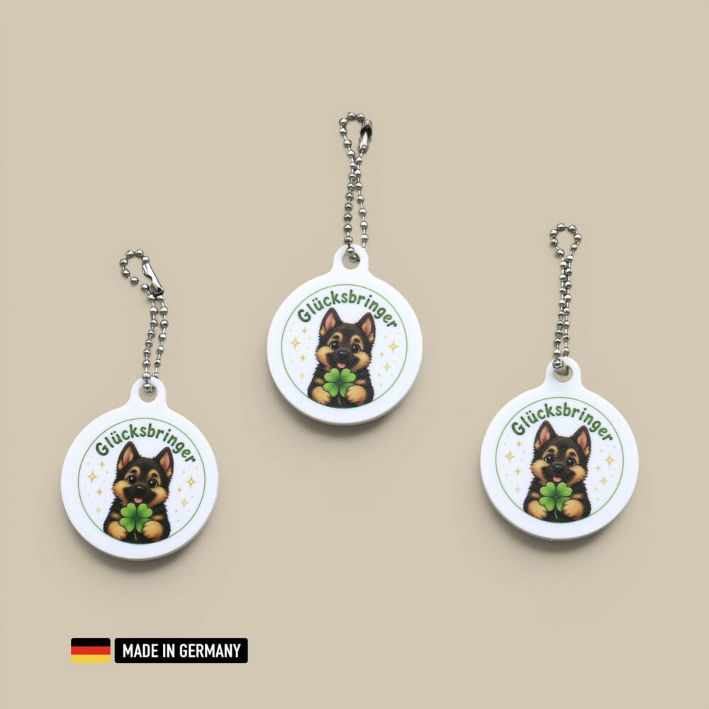 schäferhund welpe glücksbringer schlüsselanhänger mit glücks kleeblatt