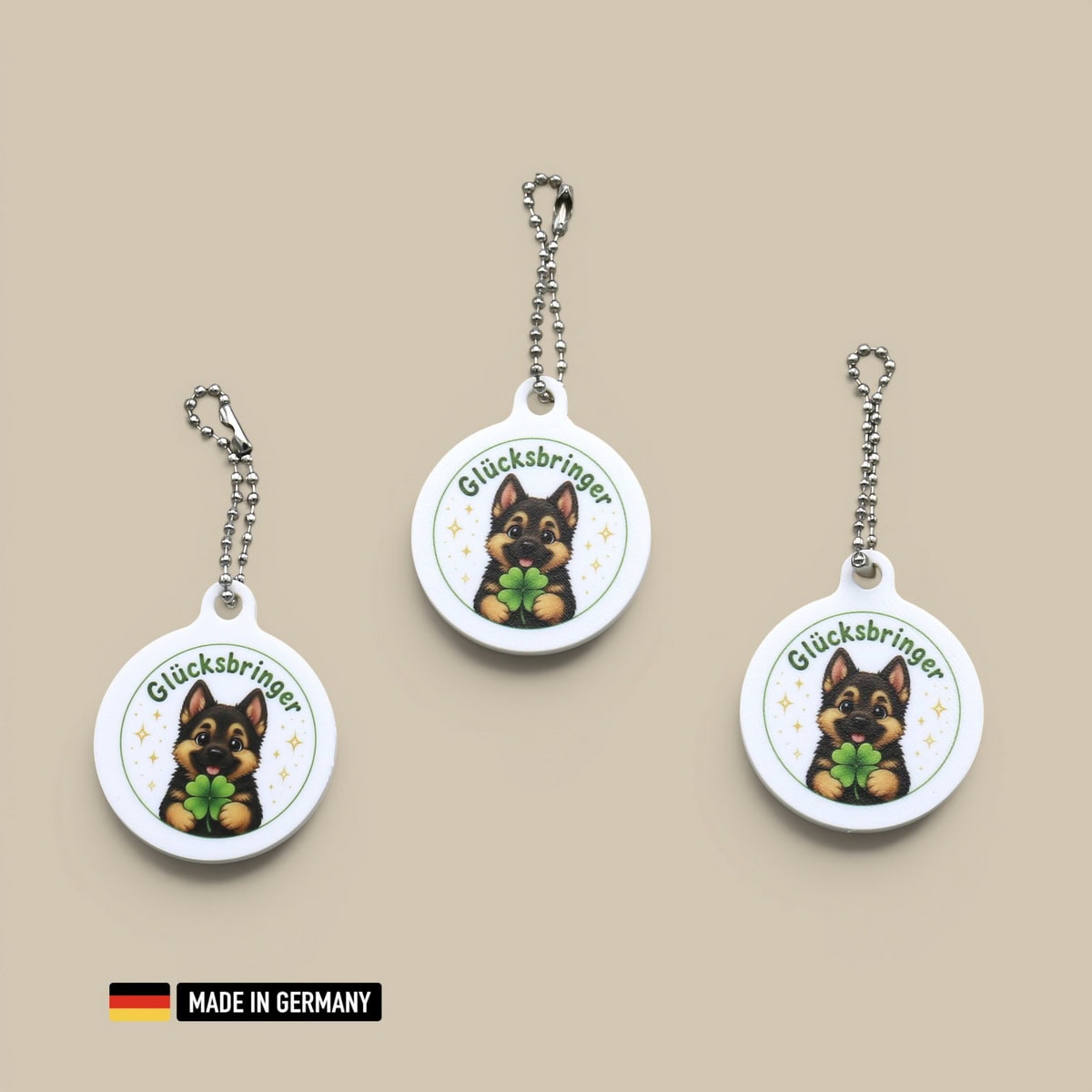 schäferhund welpe glücksbringer schlüsselanhänger mit glücks kleeblatt