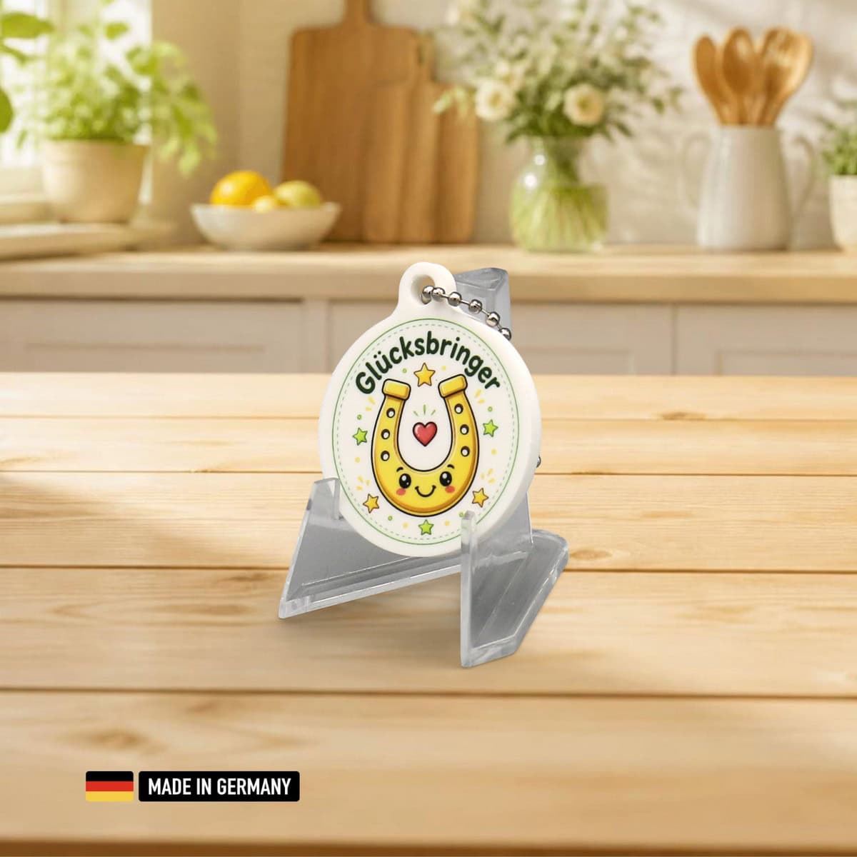 freundliches hufeisen glücksbringer schlüsselanhänger mit herz & sternen beidseitig bedruckt