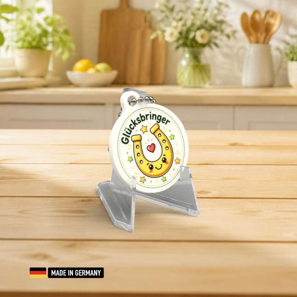 freundliches hufeisen glücksbringer schlüsselanhänger mit herz & sternen beidseitig bedruckt