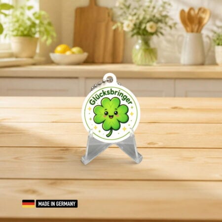kleeblatt mit einem lächeln als glücksbringer schlüsselanhänger beidseitig bedruckt