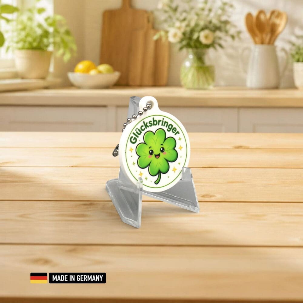 kleeblatt mit einem lächeln als glücksbringer schlüsselanhänger beidseitig bedruckt