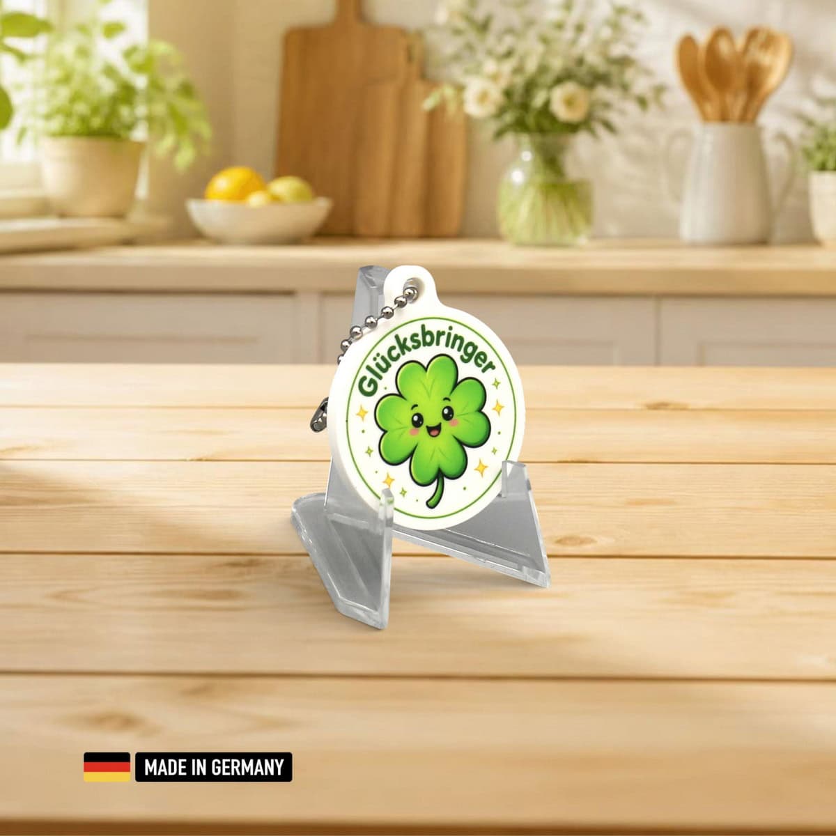 kleeblatt mit einem lächeln als glücksbringer schlüsselanhänger beidseitig bedruckt