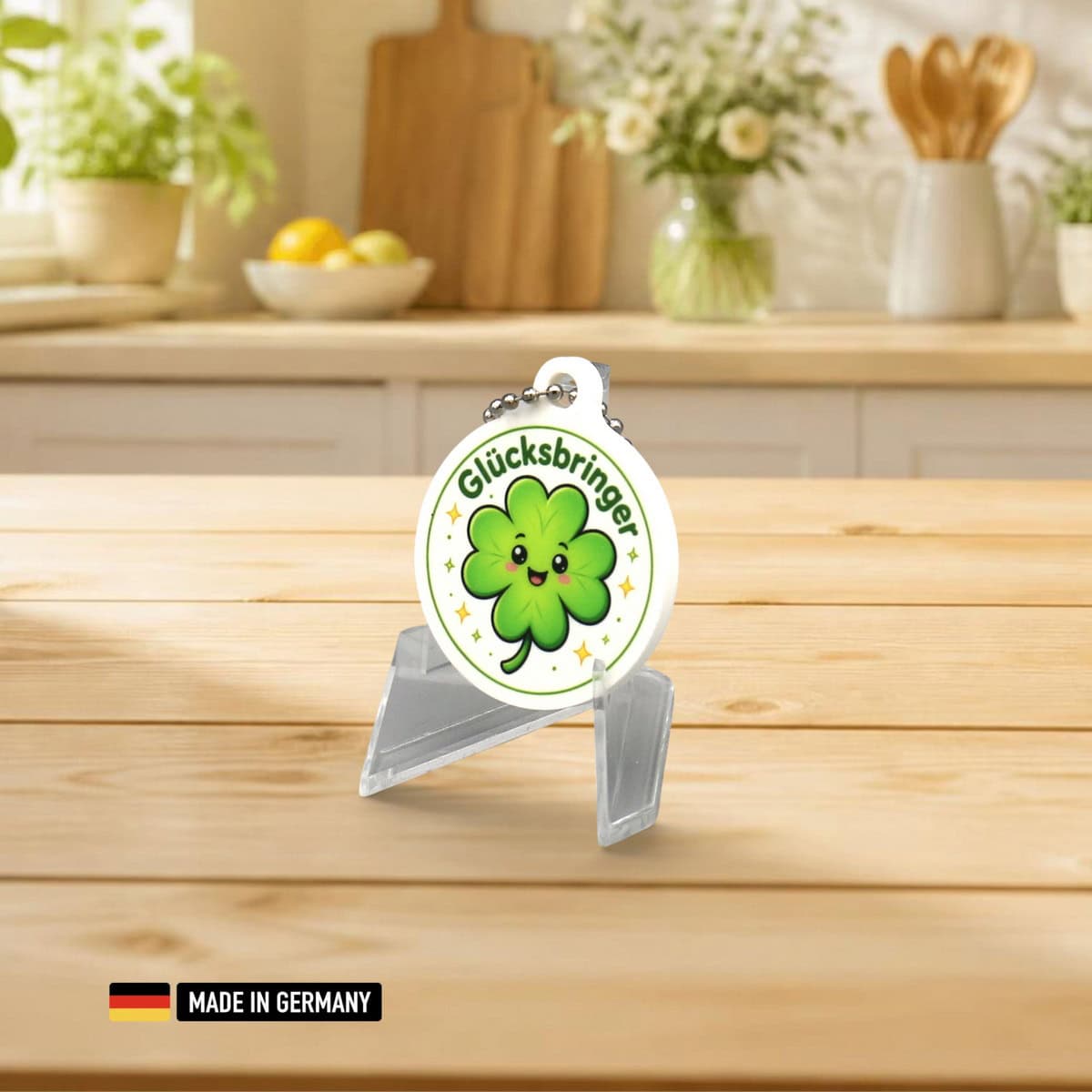kleeblatt mit einem lächeln als glücksbringer schlüsselanhänger beidseitig bedruckt