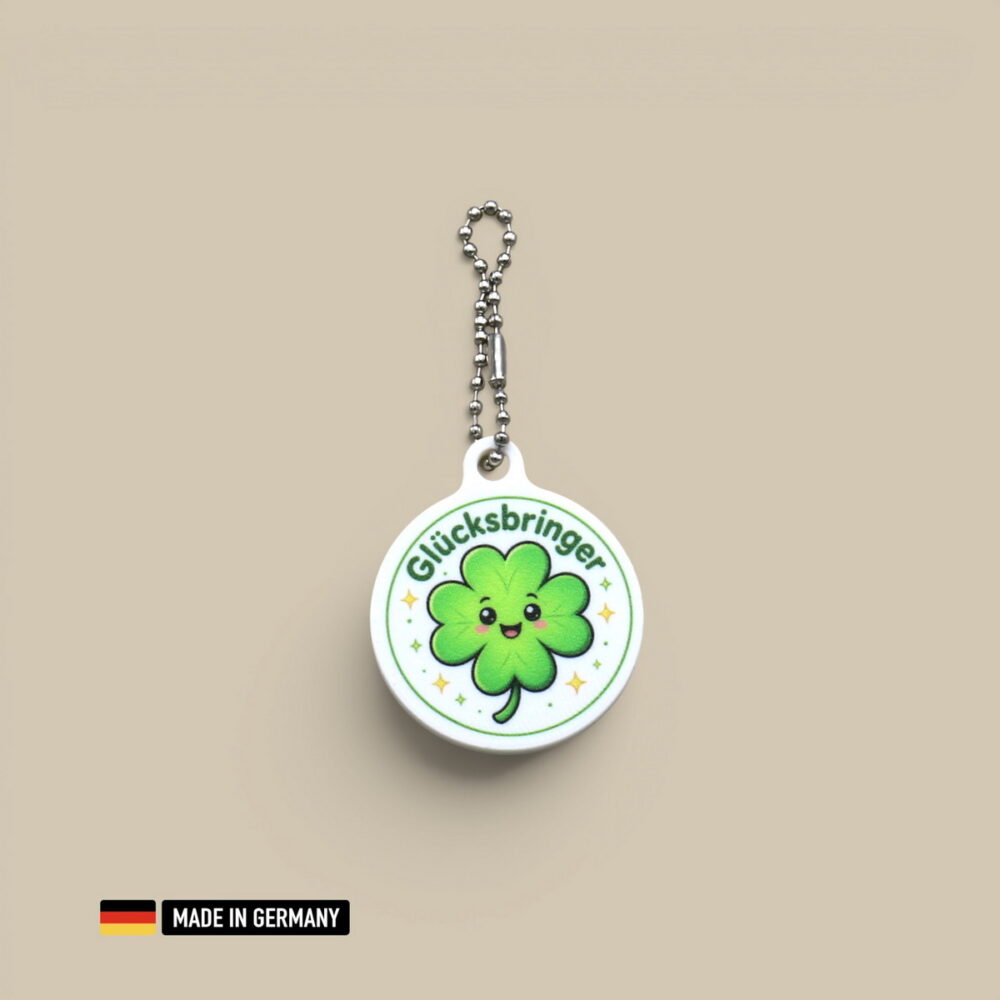 kleeblatt mit einem lächeln als glücksbringer schlüsselanhänger beidseitig bedruckt