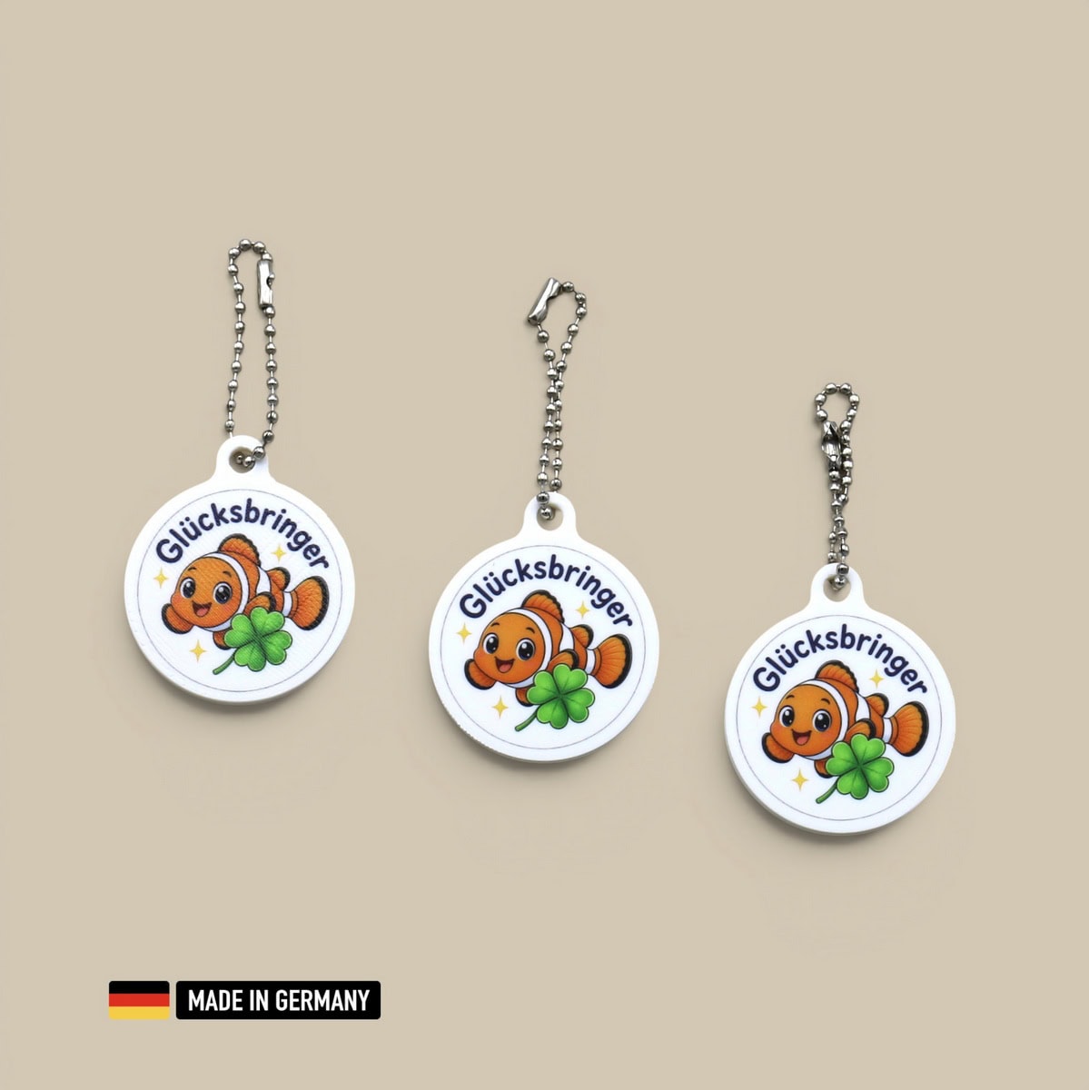 clownfisch schlüsselanhänger glücksbringer mit glücks kleeblatt für aquariumfans
