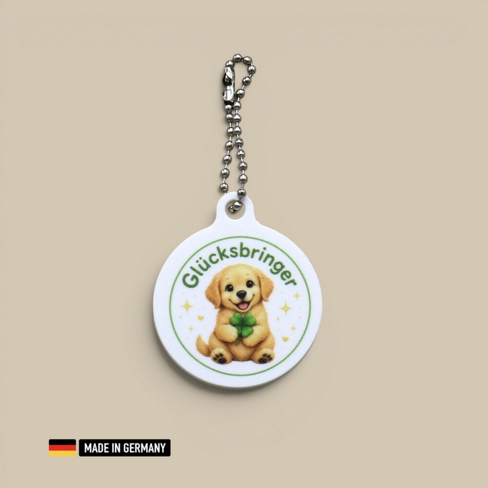 golden retriever welpe glücksbringer schlüsselanhänger mit glücks kleeblatt hundemotiv