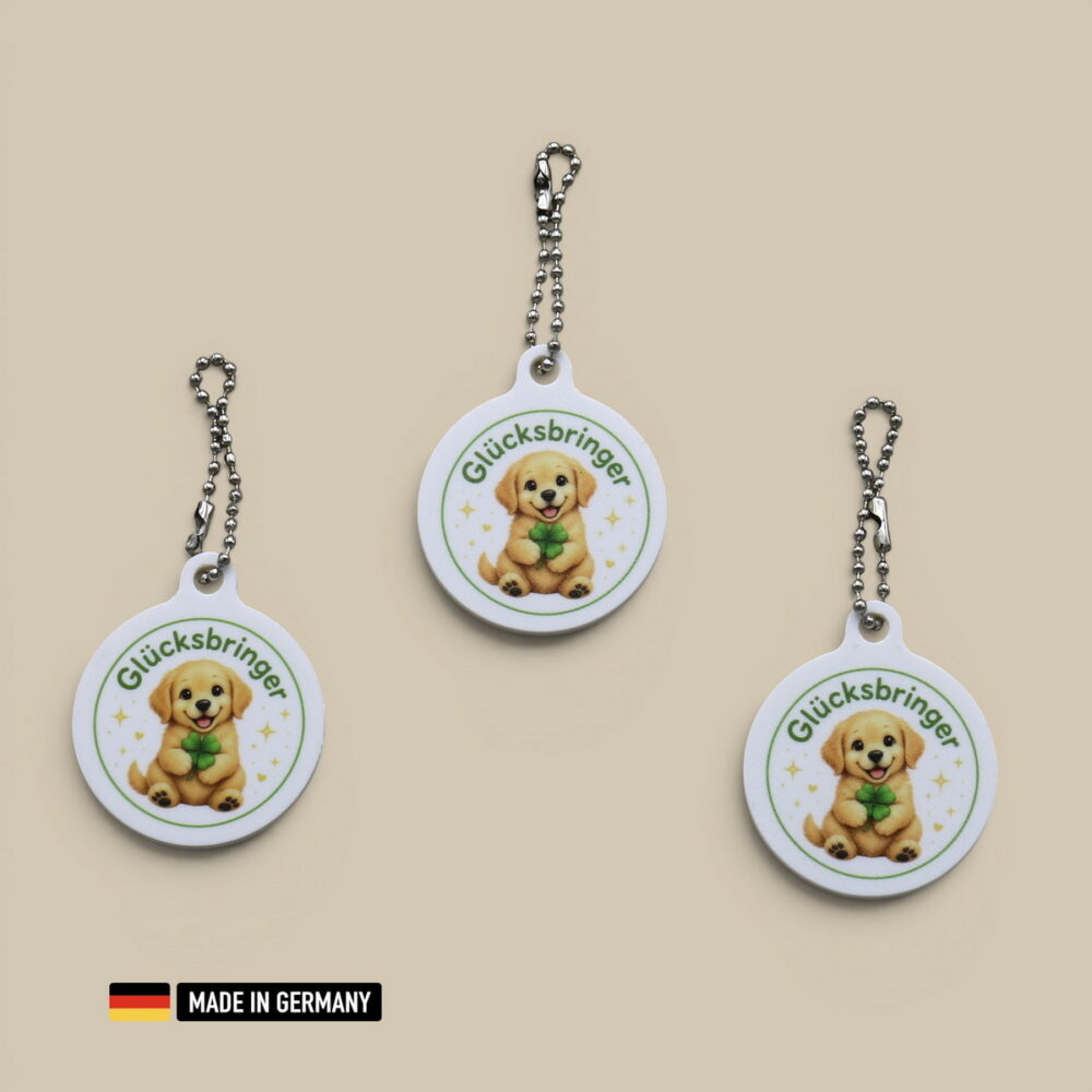 golden retriever welpe glücksbringer schlüsselanhänger mit glücks kleeblatt hundemotiv