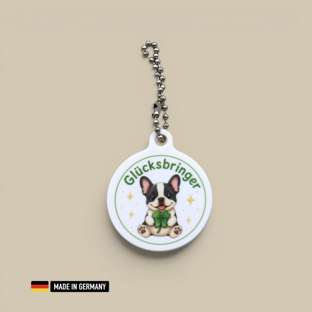 französische bulldogge welpe glücksbringer schlüsselanhänger kleeblatt hund