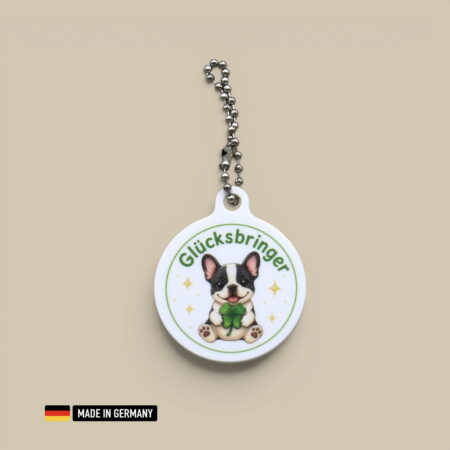 französische bulldogge welpe glücksbringer schlüsselanhänger kleeblatt hund