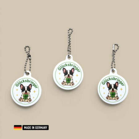 französische bulldogge welpe glücksbringer schlüsselanhänger kleeblatt hund