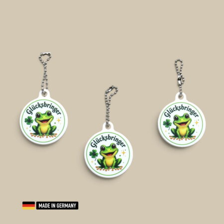 frosch glücksbringer schlüsselanhänger mit glücks kleeblatt – fröhliches motiv