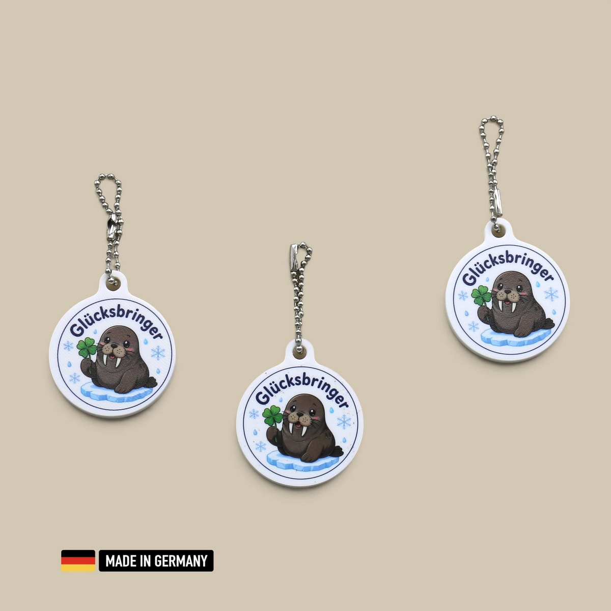 walross glücksbringer schlüsselanhänger – nordsee motiv mit glückskleeblatt