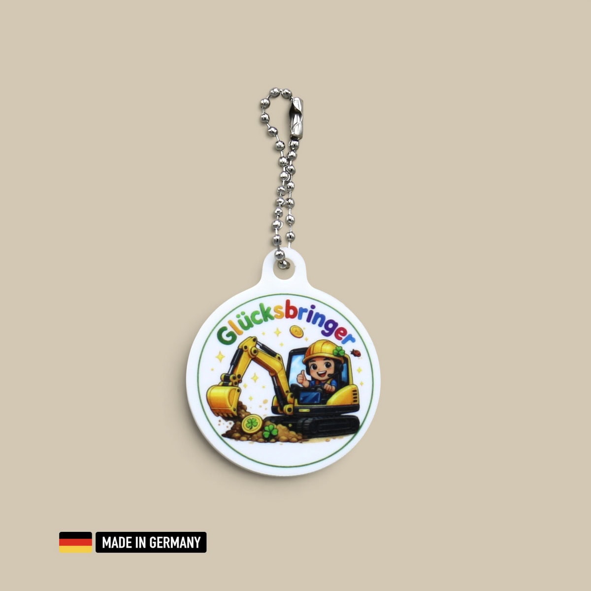 baggerfahrer glücksbringer schlüsselanhänger – bagger mit glücks kleeblatt baggerfahrer glücksbringer schlüsselanhänger – bagger mit glücks kleeblatt