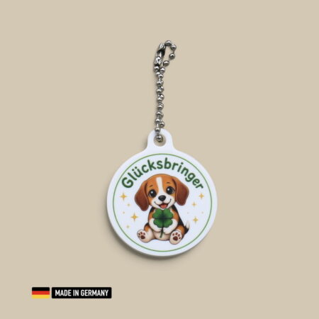 beagle welpe glücksbringer schlüsselanhänger – hund mit glücks kleeblatt