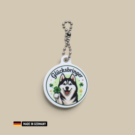 husky glücksbringer schlüsselanhänger – siberian husky mit glücks kleeblatt