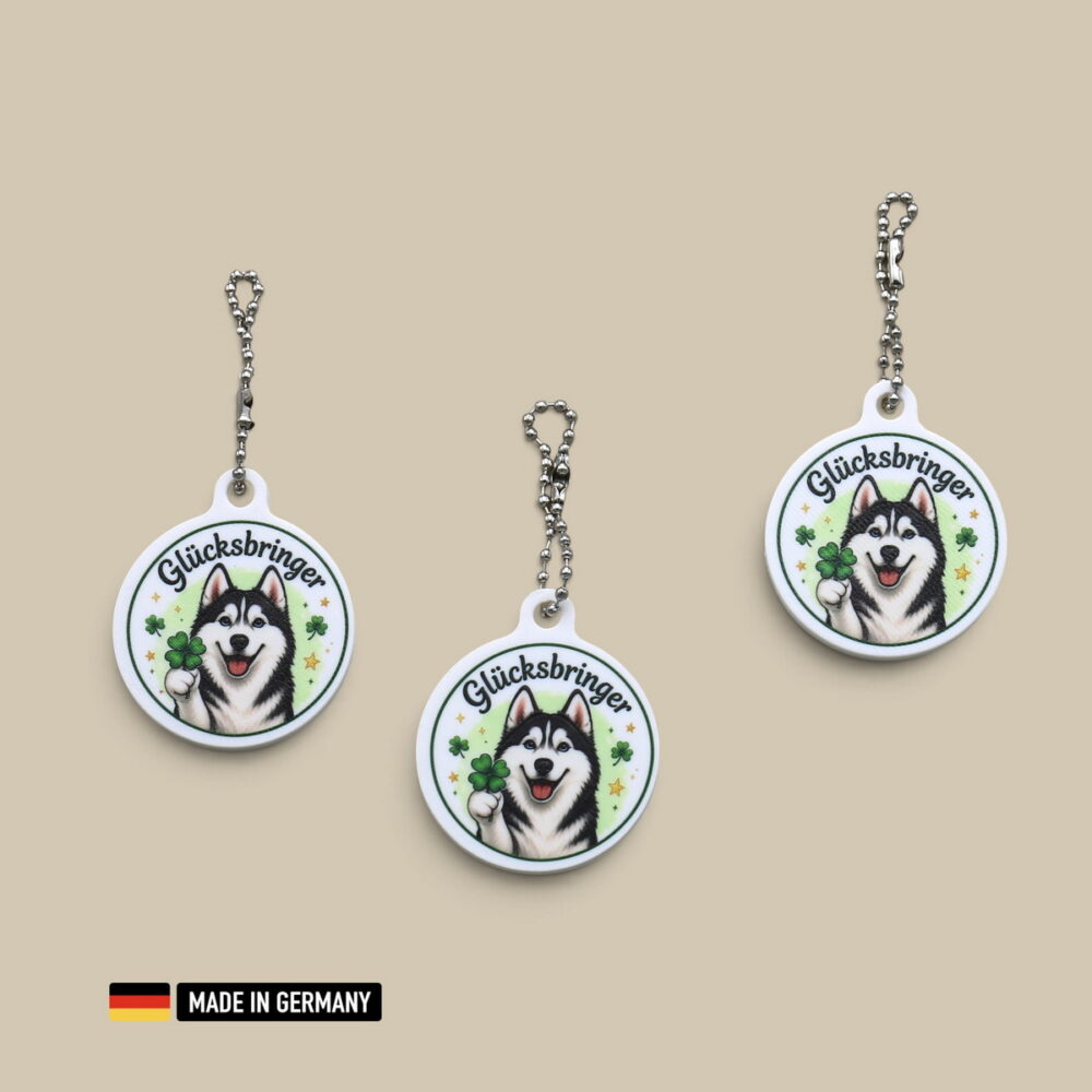 husky glücksbringer schlüsselanhänger – siberian husky mit glücks kleeblatt