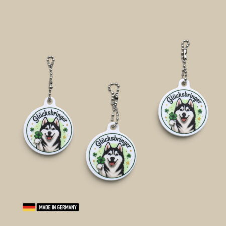 husky glücksbringer schlüsselanhänger – siberian husky mit glücks kleeblatt