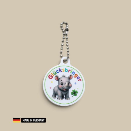 nashorn baby glücksbringer schlüsselanhänger mit glücks kleeblatt