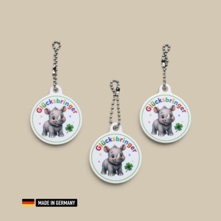 nashorn baby glücksbringer schlüsselanhänger mit glücks kleeblatt