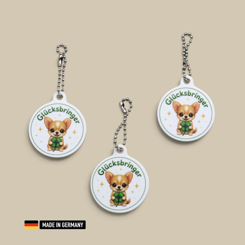 chihuahua welpe glücksbringer schlüsselanhänger mit glücks kleeblatt