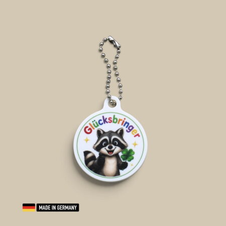 waschbär baby glücksbringer schlüsselanhänger mit glücks kleeblatt